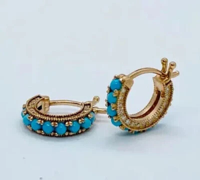 Pendientes tipo argolla Huggie turquesa de corte redondo de 2 quilates enchapados en oro amarillo de 14 quilates Foto 1 de 4