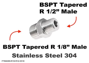 BSPT Tapered R 1/8" to BSPT Tapered R 1/2" Male Stainless Sensor Adaptor Fitting - Imagen 1 de 4