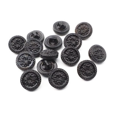 Lot (15) 13 mm Czech Vintage black Nouveau style flower glass buttons - Image 1 of 2