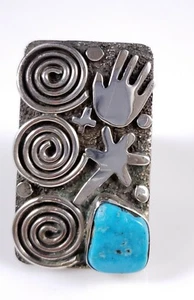 Alex Sanchez Sterlingsilber Navajo Petroglyphen-Stil Kingman Türkis Ring - Bild 1 von 7