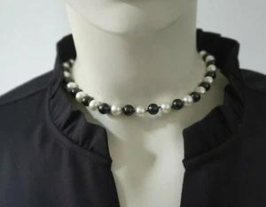 Pierre Lang Onyx Perlen Halskette rhodiniert 40cm 8mm schwarz weiß - Bild 1 von 3