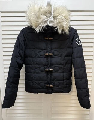Chaqueta ABERCROMBIE Niños XL Negra Cremallera y Botones Sherpa Forrada Piel Sintética Capucha Foto 1 de 4