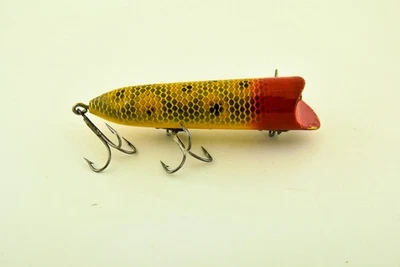 Antiguo señuelo de pesca Heddon No Eye Lucky 13 escala de rana cabeza roja JJ4 de colección Foto 1 de 4