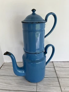 French Antique Vintage Blue Biggin Drip Coffee Pot Enameled - Picture 1 of 24