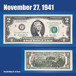 November 27, 1941 Birthday Anniversary $2 Two Dollar Bill Serial Number 11271941 - Picture 1 of 2