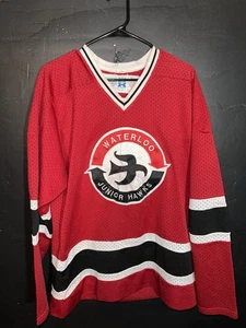 Vintage Waterloo Junior Hawks Hockey Jersey Adult L Red Hooter Sportswear #66 - Picture 1 of 6