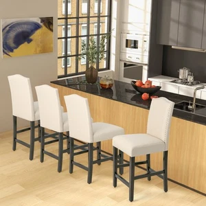 4PCS Upholstered Bar stools 25" Counter Height Chairs W/ Rubber Wood Legs Beige - Picture 1 of 7
