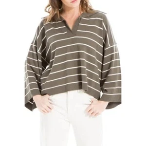 Max Studio Size M Olive/off White Stripe Johnny Collar Crop Sweater Neutral - Picture 1 of 12