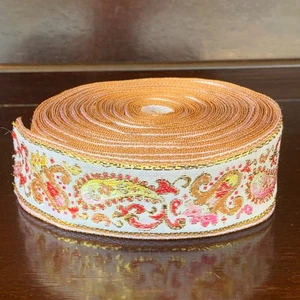 Vintage Floral Paisley Jacquard Brocade Ribbon Gold Pink Yellow 1.5” Wide Estate - Picture 1 of 5
