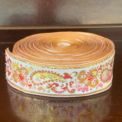 Vintage Floral Paisley Jacquard Brocade Ribbon Gold Pink Yellow 1.5” Wide Estate - Image 1 of 4