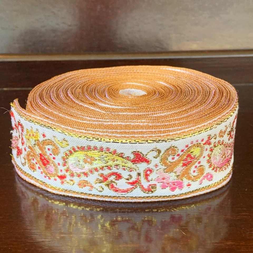 Vintage Floral Paisley Jacquard Brocade Ribbon Gold Pink Yellow 1.5” Wide Estate - Image 1 of 4