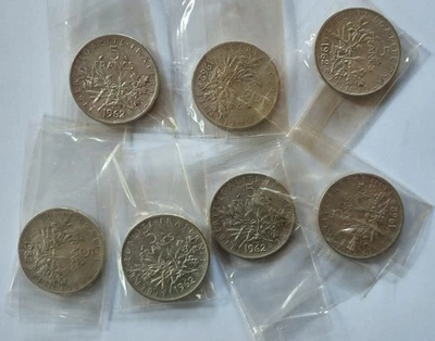 💰 Lot de 7 Pièces de 5 FRANCS Semeuse 💰 Argent 1962 💰 - Photo 1/2