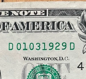 01 03, 1929 Birthday Anniversary Note Fancy Serial Number $1 One Dollar Bill - Picture 1 of 3