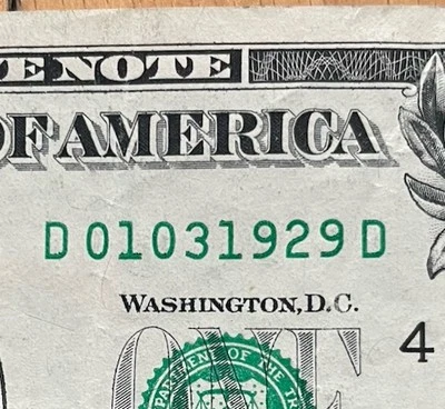 01 03, 1929 Birthday Anniversary Note Fancy Serial Number $1 One Dollar Bill - Image 1 of 3