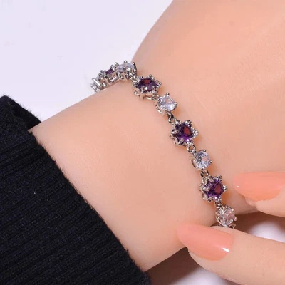 Brazalete tenis mujer amatista simulada redonda de 10 quilates plata de ley 925 blanca Foto 1 de 4