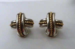 VINTAGE 1990 TIFFANY & C0 750/18K GOLD 925 STERLING SILVER X KISS CLIP EARRINGS - Picture 1 of 10
