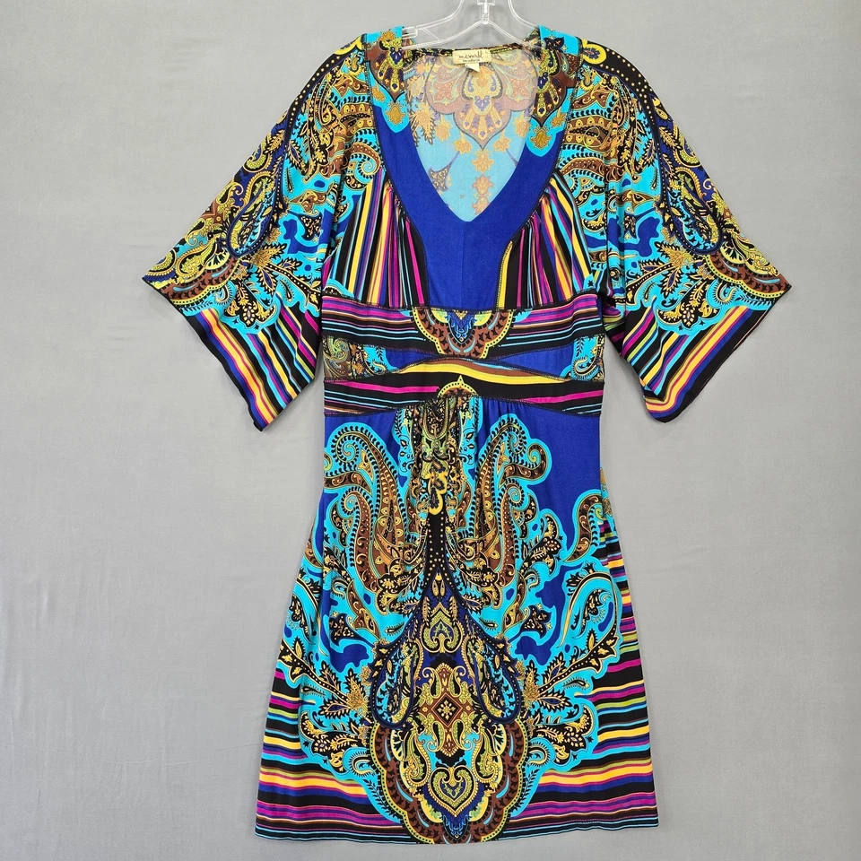 Vestido One World Azul Boho Floral Midi Elástico Decote V Manga Curta Feminino Tamanho G - Imagem 1 de 4