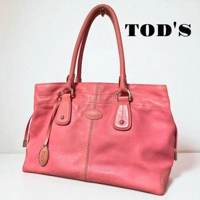 TOD'S Tote Bag Cowhide Leather Salmon Pink A4 iPad Pocket Used - Image 1 of 4