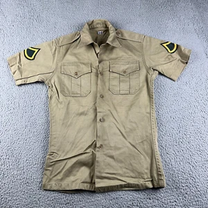 VTG Military Shirt Mens Small Khaki Twill Short Sleeve Uniform Beige Patches - Picture 1 of 9