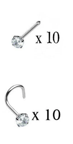 10pcs Prong Set Clear Gem Nose Rings 18g 20g Studs Screws Wholesale Body Jewelry - Image 1 of 1