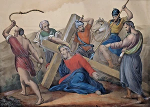 Jesus LITHOGRAPHIE GRAVURE Delaporte Villain VII STATION CALVAIRE 39x50 cm XIX°  - Bild 1 von 3