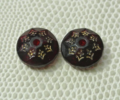 Pair Antique Ruby Red Glass Button - Incised Flowers - Rare   - Image 1 of 3