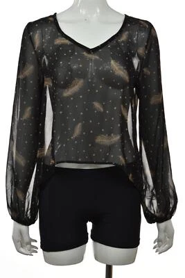 Mona B 女式上衣 S 码黑色米色圆点衬衫长袖衬衫 Hi Lo — 第 1/4 张图片