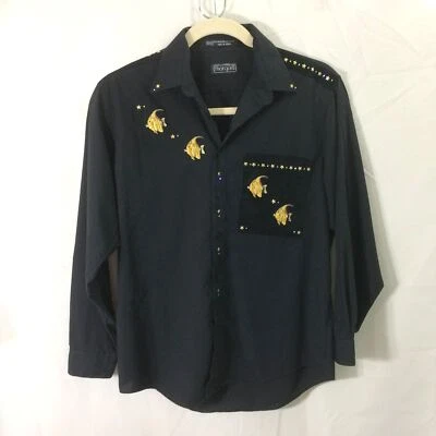 Vintage Marquis Mens Shirt L Fish Embroidery Rhinestones Black Western Korea - Image 1 of 4