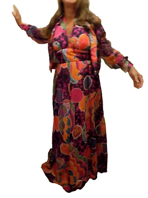 Don Luis vtg Halter Maxi Dress & Sheer Jacket BOLD Groovy Purple Orange Pink M - Image 1 of 4