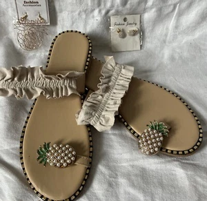 Casual Sandals Womens 37 Pineapple Toe Loop Thong Ivory Silky Ruffle Earrings - Picture 1 of 4