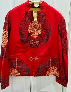 VINTAGE ORIENTAL CHEONGSAM WAIST JACKET RED/GOLD PEACOCK/MEDALLION SIZE M/L - Picture 1 of 12