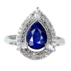 925 Sterling Silver Ring Pear Blue Sapphire 9x7mm Gemstone Jewelry Size 6.5 - Picture 1 of 14