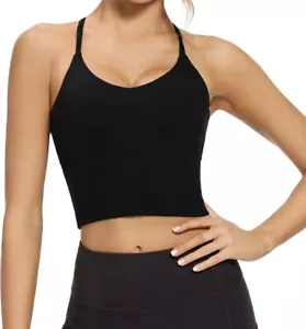 Black Longline Strappy Sports Bra Workout Running Tank Crop Top XL - Picture 1 of 5