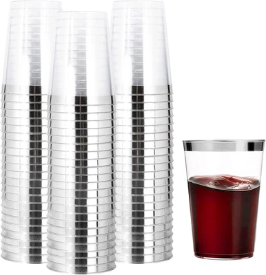 200Pcs Silver Plastic Cups 10oz Clear Disposable Tumblers with Elegant Silver Ri - Image 1 of 4