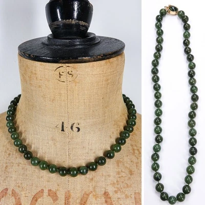 Vintage dunkelgrüne Jade Perlenkette 925 Gold Vermeil Sicherheitsverschluss Jadeit Edelstein - Bild 1 von 4