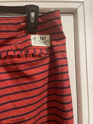Abercrombie & Fitch Men’s Swim Trunks. Size 32”. Red And Navy Striped. - Image 1 of 4