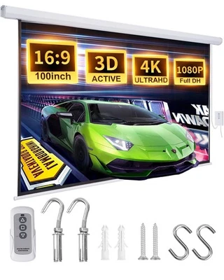 Pantalla Proyector Eléctrico 100 Pulgadas con Control Remoto Ganchos de Montaje en Techo, P... Foto 1 de 4
