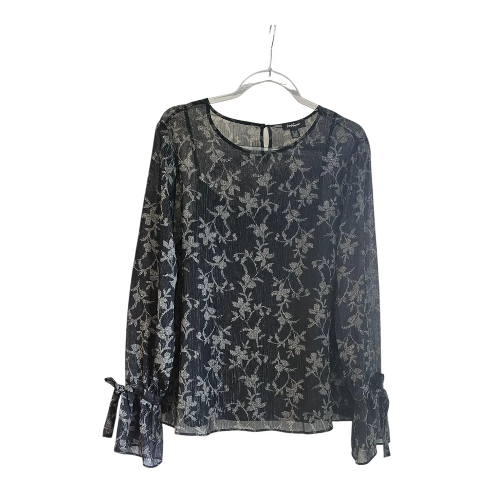 Lord & Taylor Womens L Blouse Black Floral Sheer Overlay Camisole Lined Shimmery - Image 1 of 4