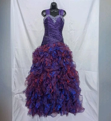 May Queen 紫色水钻雪纺荷叶边球礼服正式舞会礼服 8 码 — 第 1/4 张图片