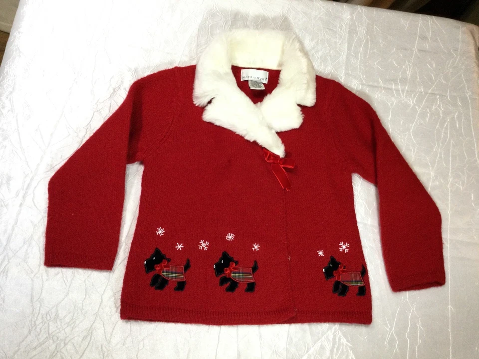 Max Studio Girls Size 5/6 Red cardigan Faux Fur White Collar Snowflakes Terriers - Image 1 of 4