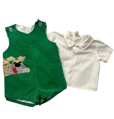Samara Vintage Baby Boy Romper 24M Green Dog Corduroy 2PC Shirt Outfit 80s (B5) - Image 1 of 4