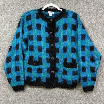 Vintage JL Plum Sweater Womens Large Blue Green Mohair Acrylic Cardigan 80s - Image 1 of 4