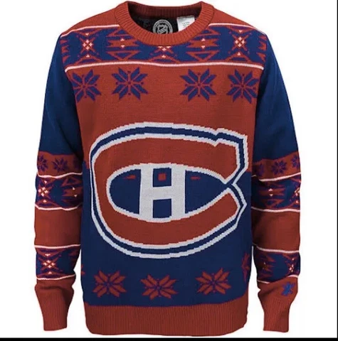 New NHL Red Blue Montreal Canadiens CH Youth Holiday Knitted Sweater, Small Cover