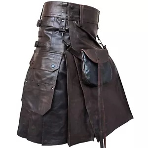 Kilt utility ibrido in pelle marrone scuro scozzese con kilt moda Sporran anteriore - Foto 1 di 8