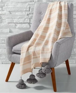 Martha Stewart Tan Tassel Throw Blanket Whim Striped Cotton - Picture 1 of 4