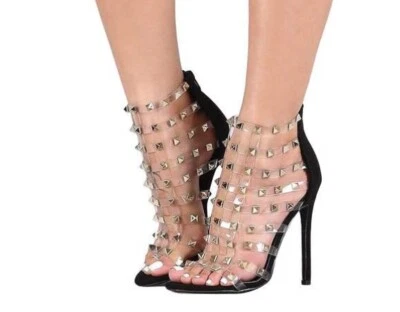 Nuevos Sexy Tacones de Gamuza Transparente Tachonados Negros Foto 1 de 4