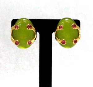 Replica Italy Green Lucite With Gold Tone Highlights & Pink Gem Clip On Earrings - Picture 1 of 6