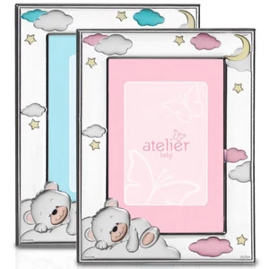 Cornice Porta Foto In Argento Atelier Regalo Nascita Bimbo Bimba Orso Blu o Rosa - Imagen 1 de 1