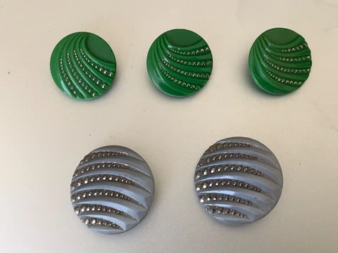 Five Rare Antique French Glass Buttons ornated with metal - Grey and Green Cover