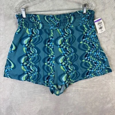 O'Neill Women's Smocked Waist Shorts NWT Teal Green Patterned High Rise XL - Image 1 of 4